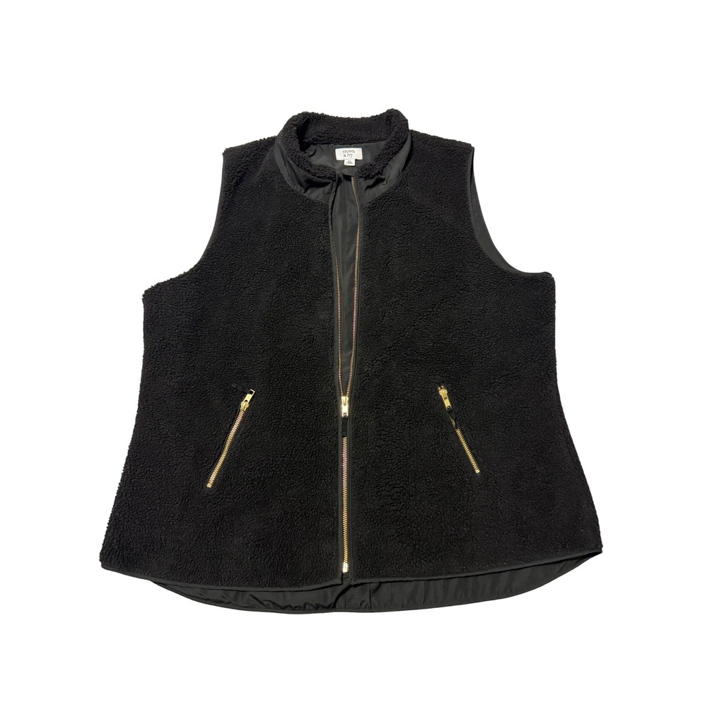 Crown & Ivy Womens XL Black Sherpa Fleece Full Zip Vest Gold Hardware